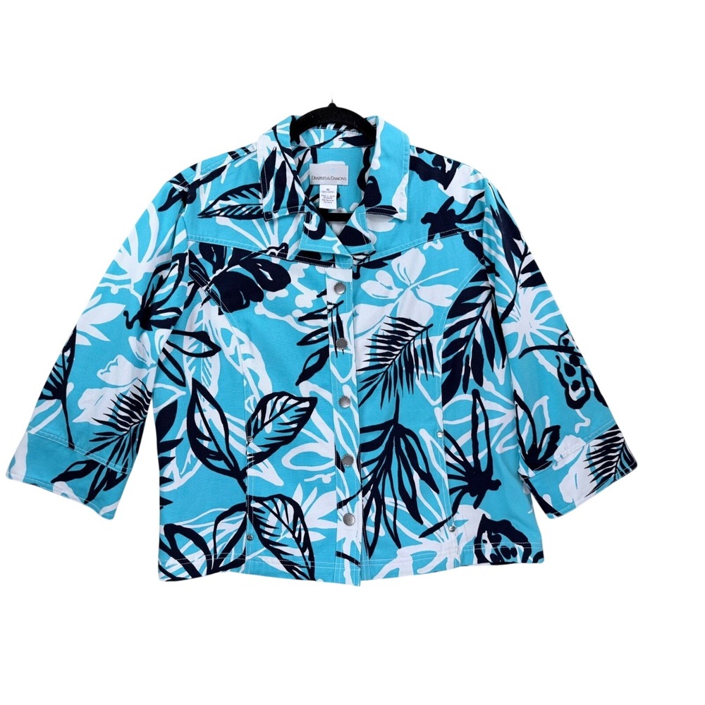 Draper's & Damon's Jacket Womens XL Blue Tropical Leaf Cotton Snap Front Shacket